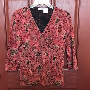 East 5th coral/black/gold dress blouse/top.